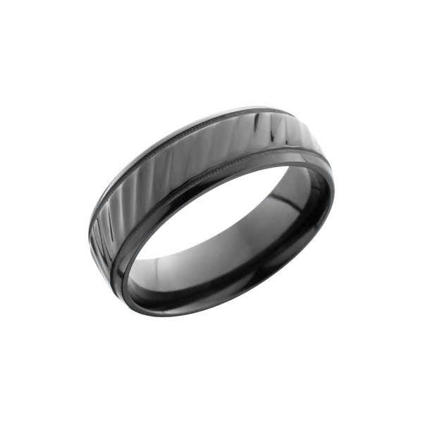 Zirconium 7mm beveled band with reverse milgrain detail and a laser-carved stripe pattern Cozzi Jewelers Newtown Square, PA
