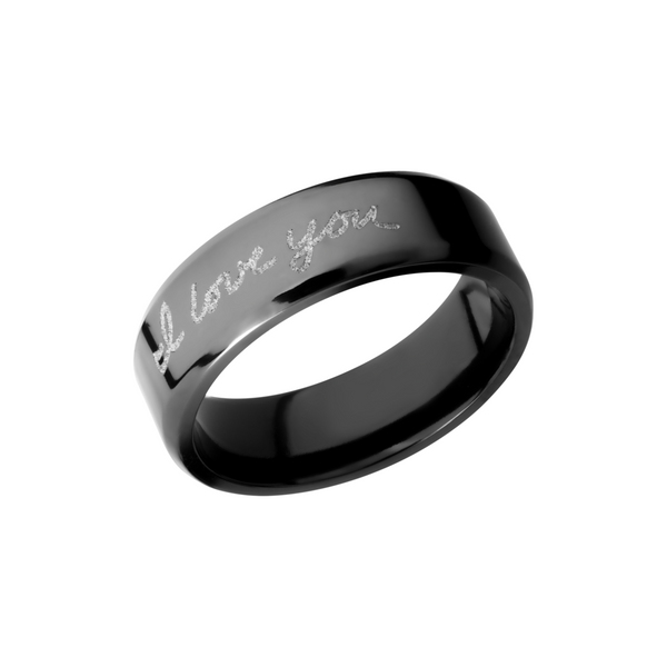 Zirconium 7mm beveled band with a laser-carved handwritten message Cozzi Jewelers Newtown Square, PA