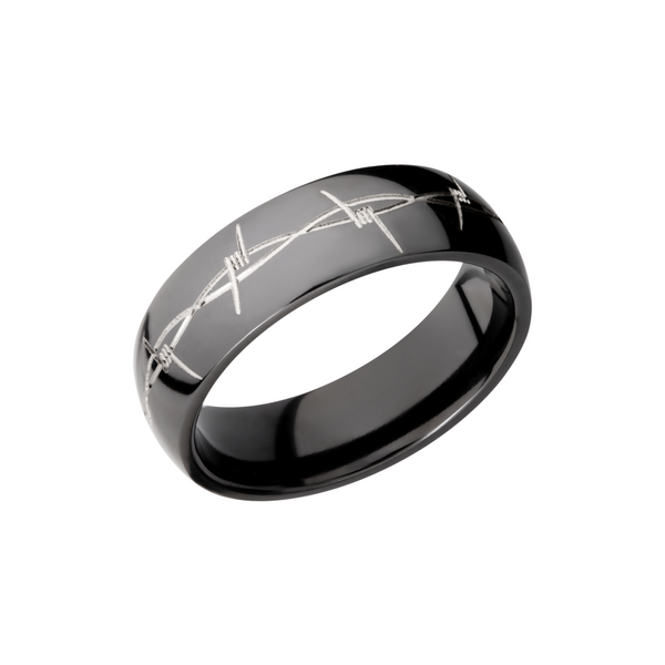 Zirconium 7mm domed band with a laser-carved barbed wire pattern Toner Jewelers Overland Park, KS