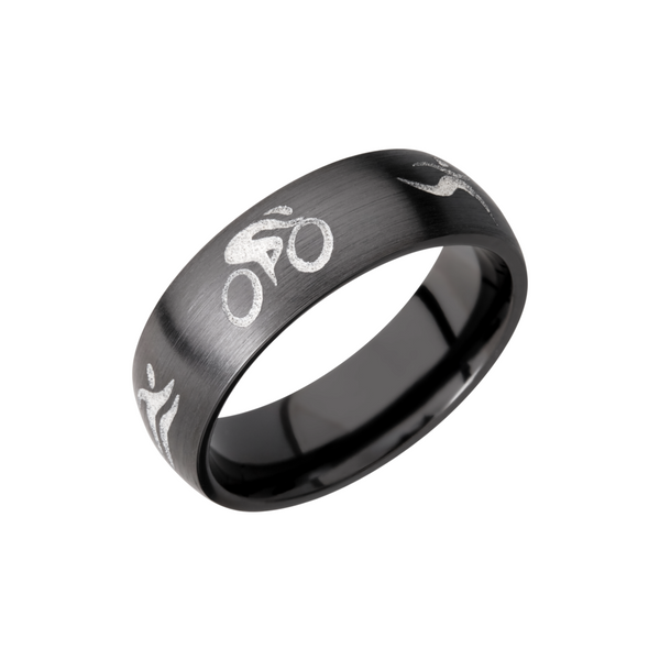 Zirconium 7mm domed band with a laser-carved triathlon pattern Cozzi Jewelers Newtown Square, PA