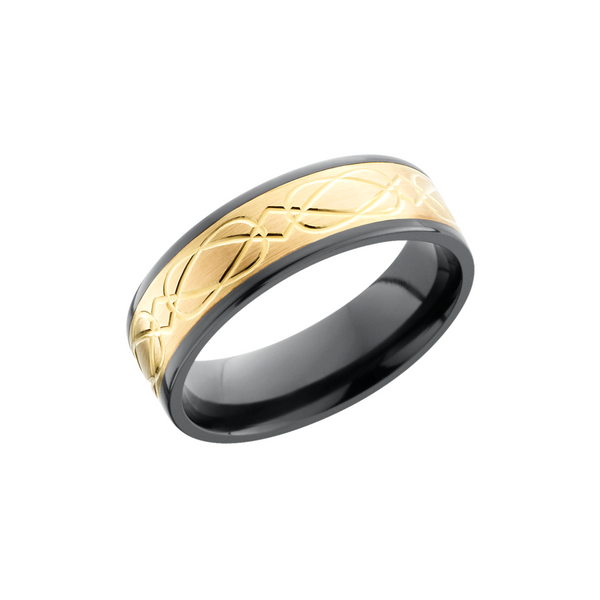 Zirconium 7mm flat band with a laser-carved celtic pattern in an inlay of 14K yellow gold Milan's Jewelry Inc Sarasota, FL