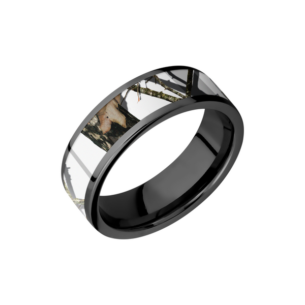 Cobalt chrome 7mm flat band with a 5mm inlay of Mossy Oak Winter Break Up Camo Toner Jewelers Overland Park, KS