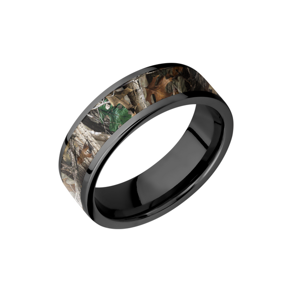 Zirconium 6mm flat band with a 5mm inlay of Realtree Timber Camo Toner Jewelers Overland Park, KS