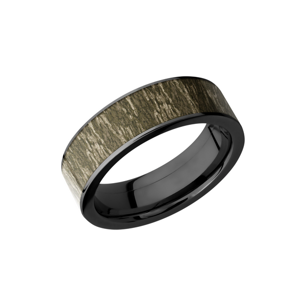 Cobalt chrome 7mm flat band with a 6mm inlay of Mossy Oak Bottomland Camo Toner Jewelers Overland Park, KS