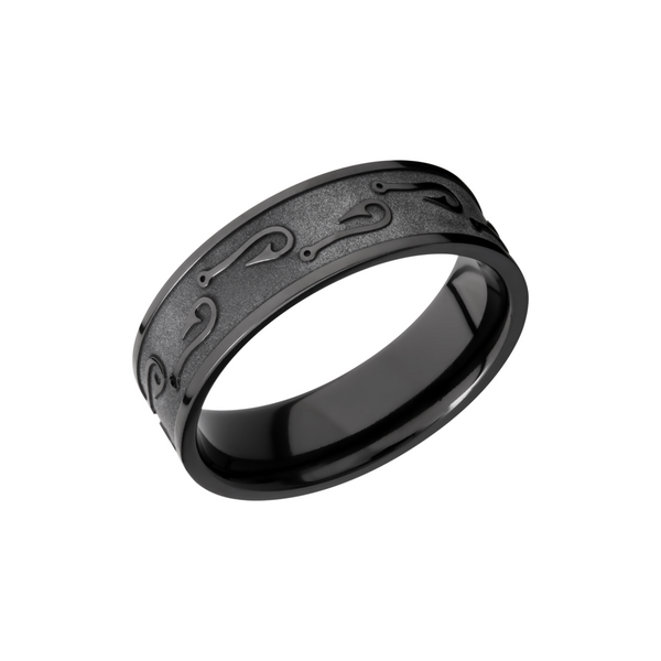Zirconium 7mm flat band with a laser-carved fishhook pattern Cozzi Jewelers Newtown Square, PA