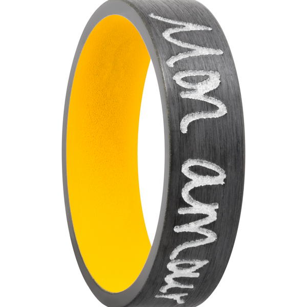 Zirconium 7mm flat band with slightly rounded edges and a laser-carved handwritten message with a yellow Cerakote sleeve Image 2 Toner Jewelers Overland Park, KS