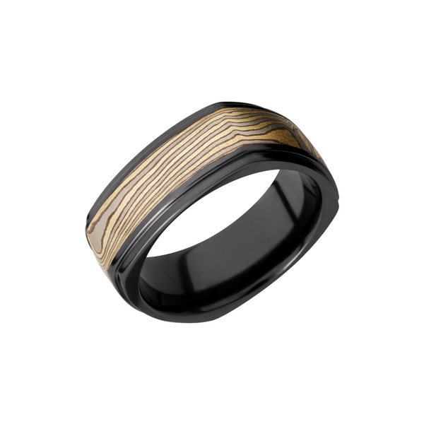 Zirconium 8.5mm flat square band with an inlay of Mokume Gane and grooved edges Ken Walker Jewelers Gig Harbor, WA