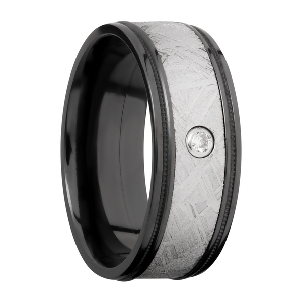 Zirconium 8.5mm flat band with reverse milgrain around an inlay of authentic Gibeon meteorite and white diamond accent Image 2 Cozzi Jewelers Newtown Square, PA
