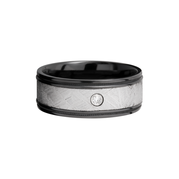 Zirconium 8.5mm flat band with reverse milgrain around an inlay of authentic Gibeon meteorite and white diamond accent Image 3 Cozzi Jewelers Newtown Square, PA