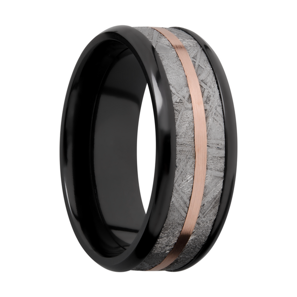 Zirconium 8mm beveled band with an inlay of authentic Gibeon Meteorite and a 14K rose gold inlay Image 2 Quality Gem LLC Bethel, CT