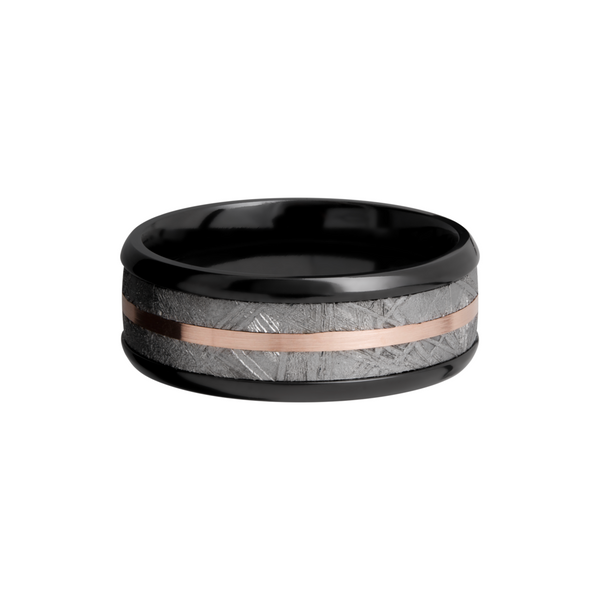 Zirconium 8mm beveled band with an inlay of authentic Gibeon Meteorite and a 14K rose gold inlay Image 3 Quality Gem LLC Bethel, CT