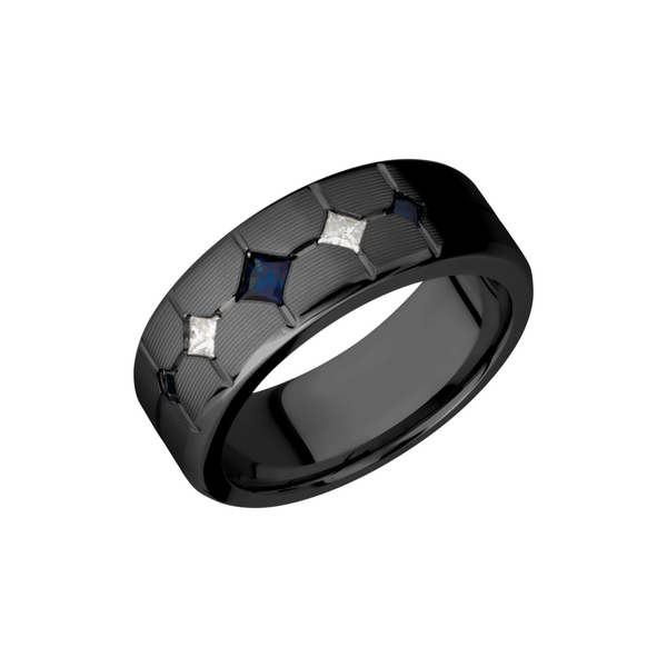 Zirconium 8mm beveled band with 3 sapphires and 2 diamonds Cozzi Jewelers Newtown Square, PA