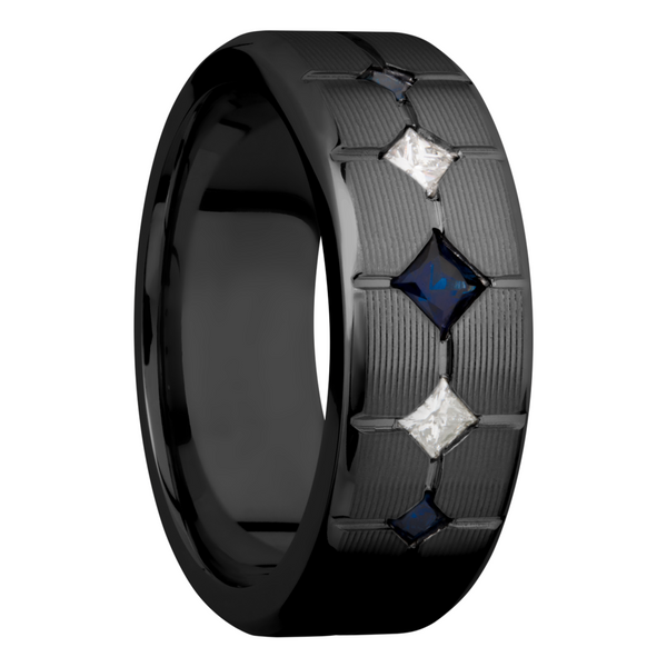 Zirconium 8mm beveled band with 3 sapphires and 2 diamonds Image 2 Cozzi Jewelers Newtown Square, PA