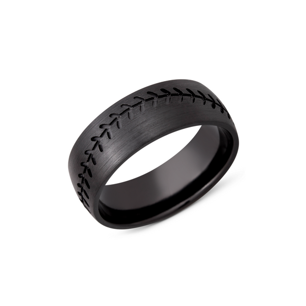 Zirconium 8mm domed band with a laser-carved baseball stitch Cozzi Jewelers Newtown Square, PA