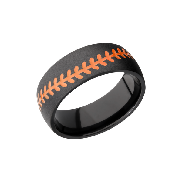 Zirconium 8mm domed band with a laser-carved baseball stitch and orange Cerakote in the recessed stitching Quality Gem LLC Bethel, CT