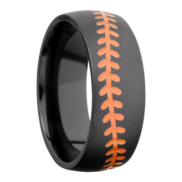 Zirconium 8mm domed band with a laser-carved baseball stitch and orange Cerakote in the recessed stitching Image 2 Toner Jewelers Overland Park, KS