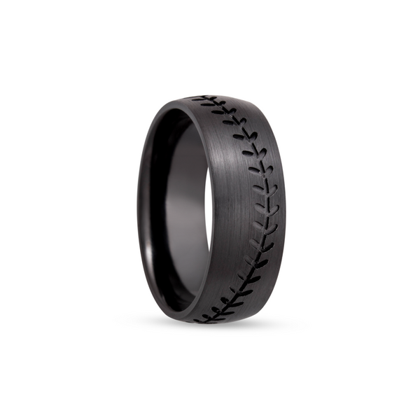 Zirconium 8mm domed band with a laser-carved baseball stitch Image 2 Quality Gem LLC Bethel, CT