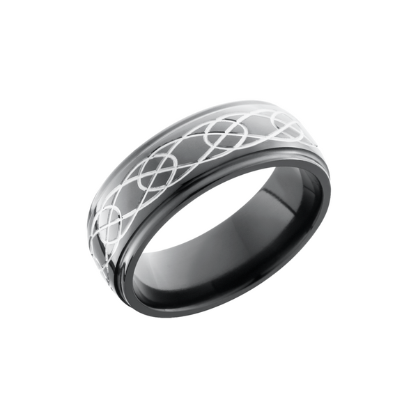 Zirconium 8mm domed band with grooved edges and a laser-carved celtic pattern Toner Jewelers Overland Park, KS
