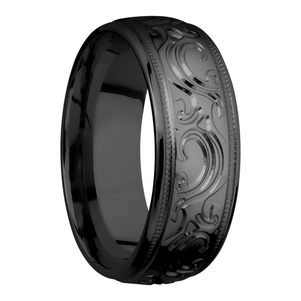 Zirconium 8mm domed band with a laser-carved scroll MJBA pattern Image 2 Cozzi Jewelers Newtown Square, PA