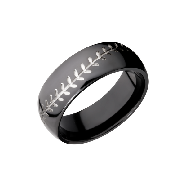 Zirconium 8mm domed band with a laser-carved baseball stitch Toner Jewelers Overland Park, KS