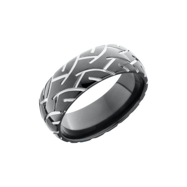 Zirconium 8mm domed band with a laser-carved cycle pattern Quality Gem LLC Bethel, CT