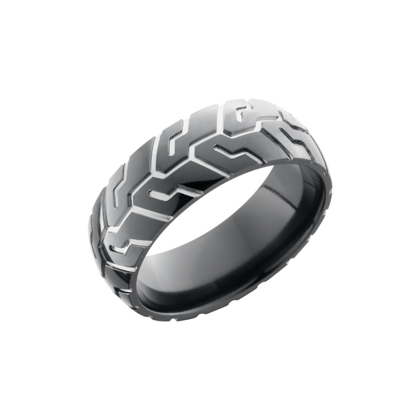 Zirconium 8mm domed band with a laser-carved cycle pattern Toner Jewelers Overland Park, KS