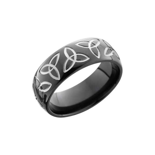 Zirconium 8mm domed band with a laser-carved trinity pattern Cozzi Jewelers Newtown Square, PA