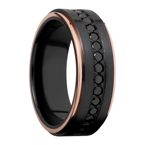 Zirconium 8mm flat band with 14K rose gold grooved edges and 16, .04ct bead-set eternity black diamonds Image 2 Cozzi Jewelers Newtown Square, PA