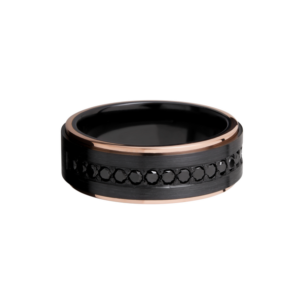 Zirconium 8mm flat band with 14K rose gold grooved edges and 16, .04ct bead-set eternity black diamonds Image 3 Cozzi Jewelers Newtown Square, PA