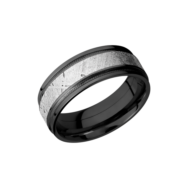 Zirconium 8mm flat band with reverse milgrain and an inlay of authentic Gibeon Meteorite Cozzi Jewelers Newtown Square, PA