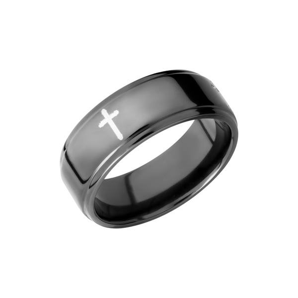 Zirconium 8mm flat band with grooved edges and a laser-carved cross pattern Toner Jewelers Overland Park, KS
