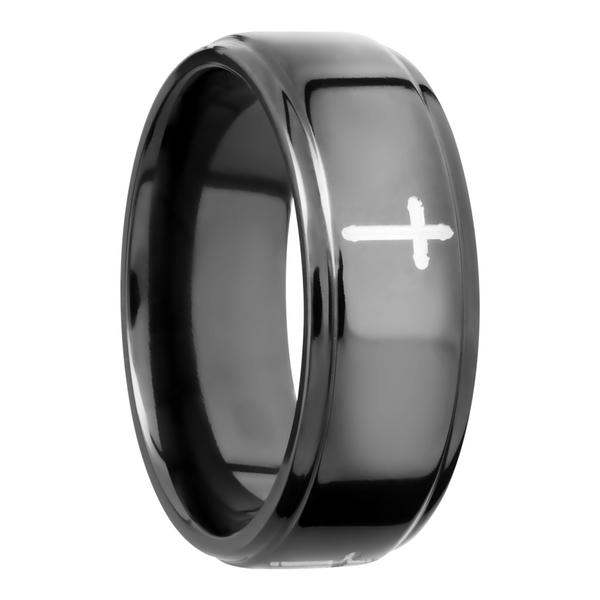 Zirconium 8mm flat band with grooved edges and a laser-carved cross pattern Image 2 Cozzi Jewelers Newtown Square, PA