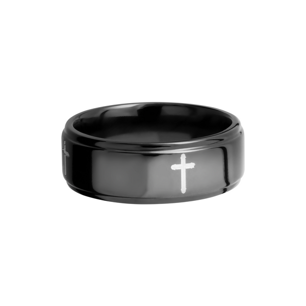 Zirconium 8mm flat band with grooved edges and a laser-carved cross pattern Image 3 Toner Jewelers Overland Park, KS