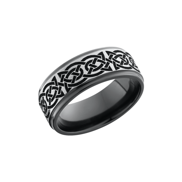 Zirconium 8mm flat band with a laser-carved celtic pattern Cozzi Jewelers Newtown Square, PA
