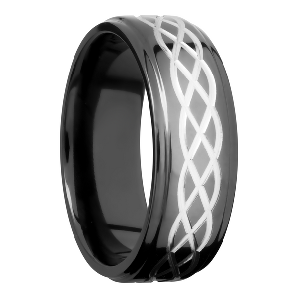 Zirconium 8mm flat band with a laser-carved celtic pattern Image 2 Cozzi Jewelers Newtown Square, PA