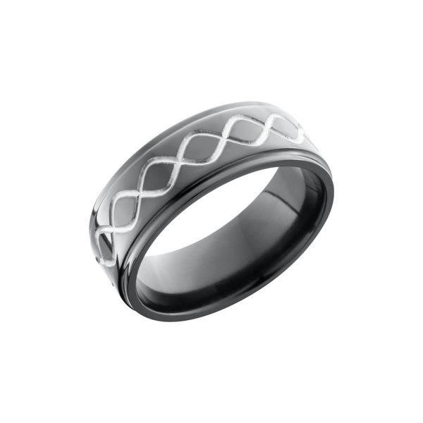 Zirconium 8mm flat band with a laser-carved tall infinity pattern Toner Jewelers Overland Park, KS