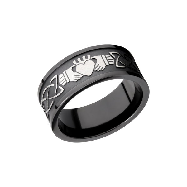 Zirconium 9mm flat band with a laser-carved claddagh celtic pattern Cozzi Jewelers Newtown Square, PA