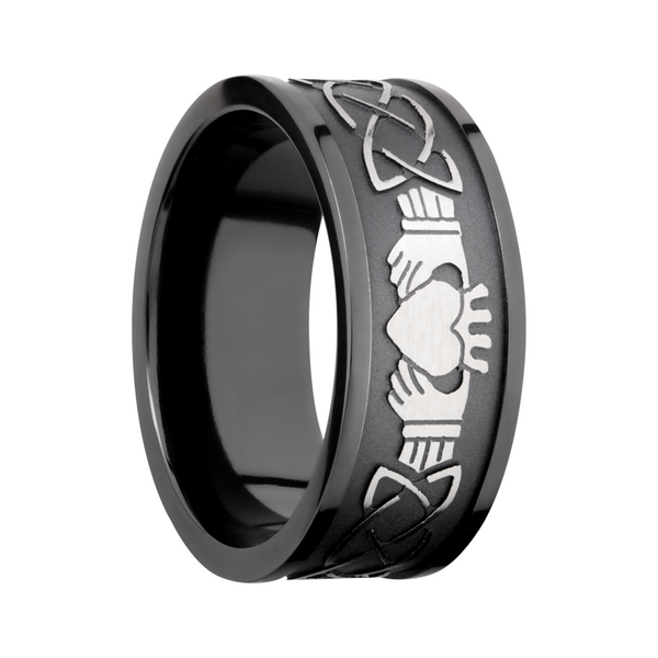 Zirconium 9mm flat band with a laser-carved claddagh celtic pattern Image 2 Cozzi Jewelers Newtown Square, PA