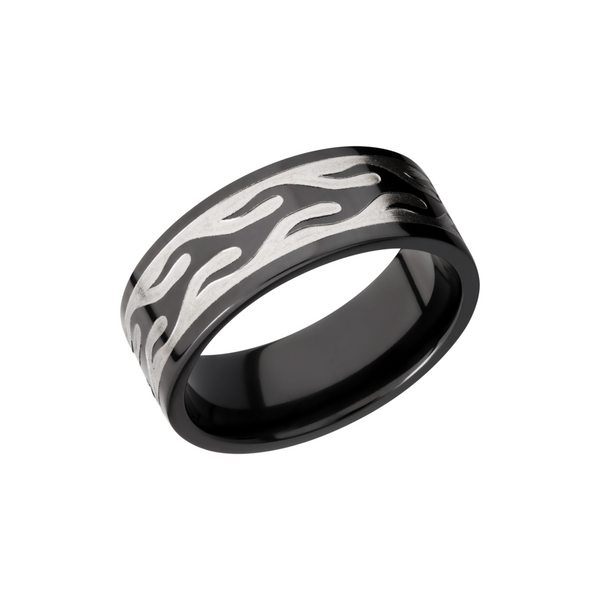 Zirconium 9mm flat band with a laser-carved contour flame pattern Toner Jewelers Overland Park, KS