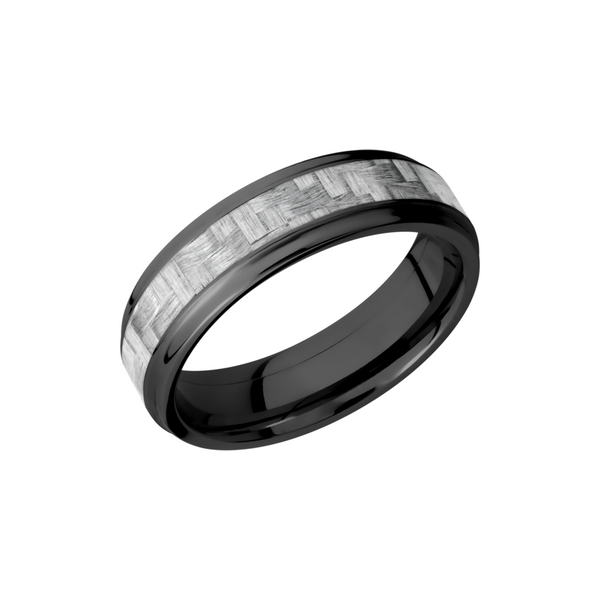 Zirconium 6mm flat band with grooved edges and a 3mm inlay of silver Carbon Fiber Cozzi Jewelers Newtown Square, PA