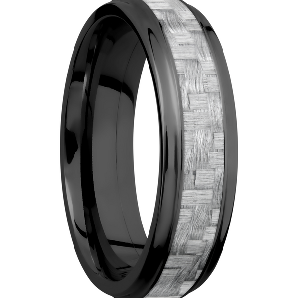 Zirconium 6mm flat band with grooved edges and a 3mm inlay of silver Carbon Fiber Image 2 Toner Jewelers Overland Park, KS