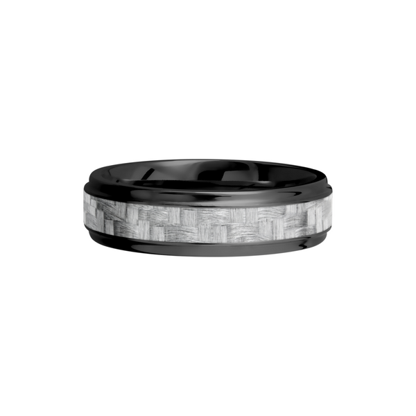 Zirconium 6mm flat band with grooved edges and a 3mm inlay of silver Carbon Fiber Image 3 Toner Jewelers Overland Park, KS