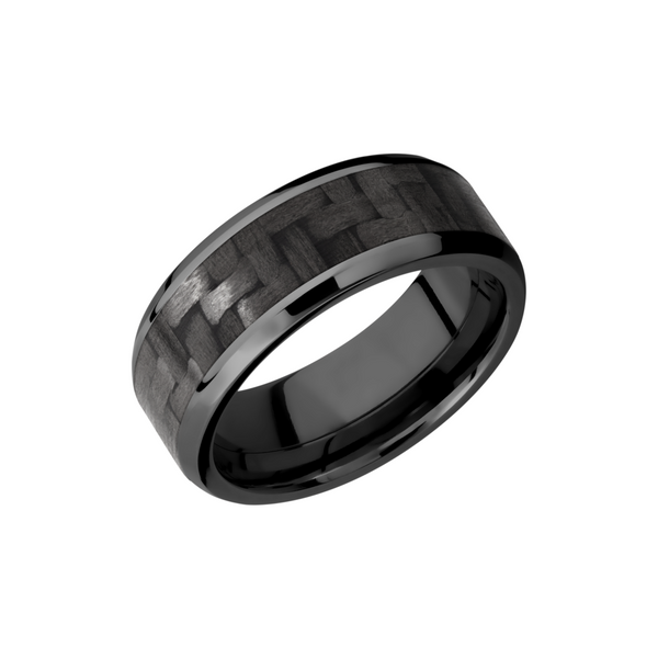 Zirconium 8mm beveled band with a 5mm inlay of black Carbon Fiber Toner Jewelers Overland Park, KS