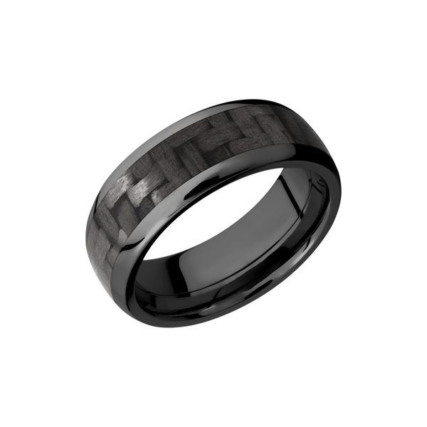 Zirconium 8mm domed band with a 5mm inlay of black Carbon Fiber Toner Jewelers Overland Park, KS