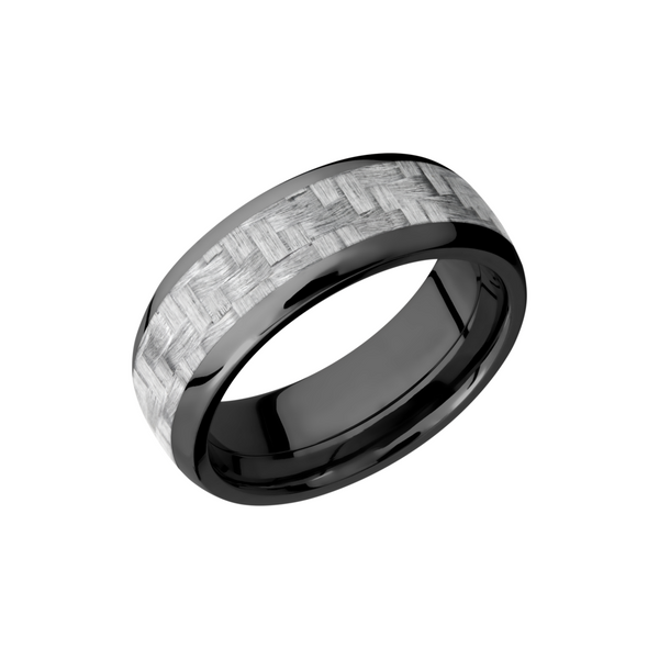 Zirconium 8mm domed band with a 5mm inlay of silver Carbon Fiber Toner Jewelers Overland Park, KS