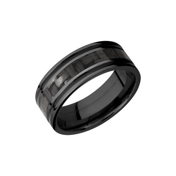 Zirconium 8mm flat band with a 3mm inlay of black Carbon Fiber and 2, 1mm inlays of Cerakote Cozzi Jewelers Newtown Square, PA