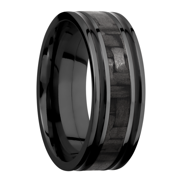 Zirconium 8mm flat band with a 3mm inlay of black Carbon Fiber and 2, 1mm inlays of Cerakote Image 2 Quality Gem LLC Bethel, CT