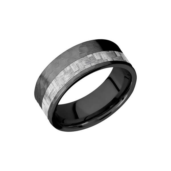 Zirconium 8mm flat band with a 3mm off-centered inlay of silver Carbon Fiber Cozzi Jewelers Newtown Square, PA