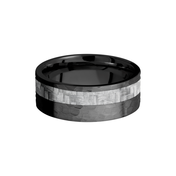 Zirconium 8mm flat band with a 3mm off-centered inlay of silver Carbon Fiber Image 3 Toner Jewelers Overland Park, KS