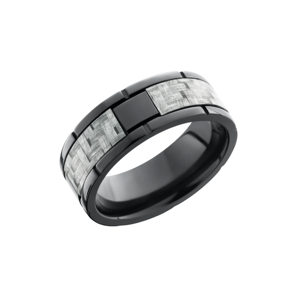 Zirconium 8mm flat band with segment details and a 4mm inlay of silver Carbon Fiber Toner Jewelers Overland Park, KS
